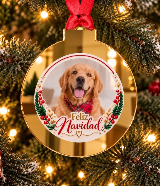 Bolita de acrílico dorada espejada con cinta roja, foto de un perro y el texto Feliz Navidad