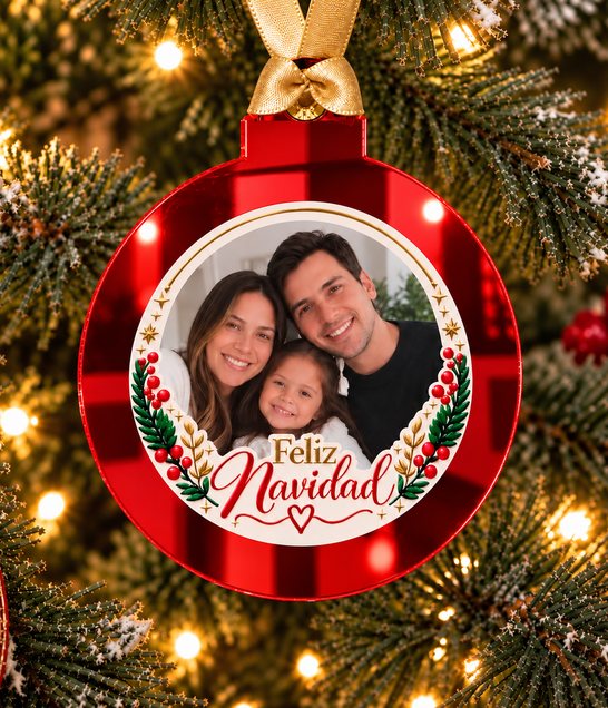 Bolita de acrílico roja espejada con foto de familia y el texto Feliz Navidad